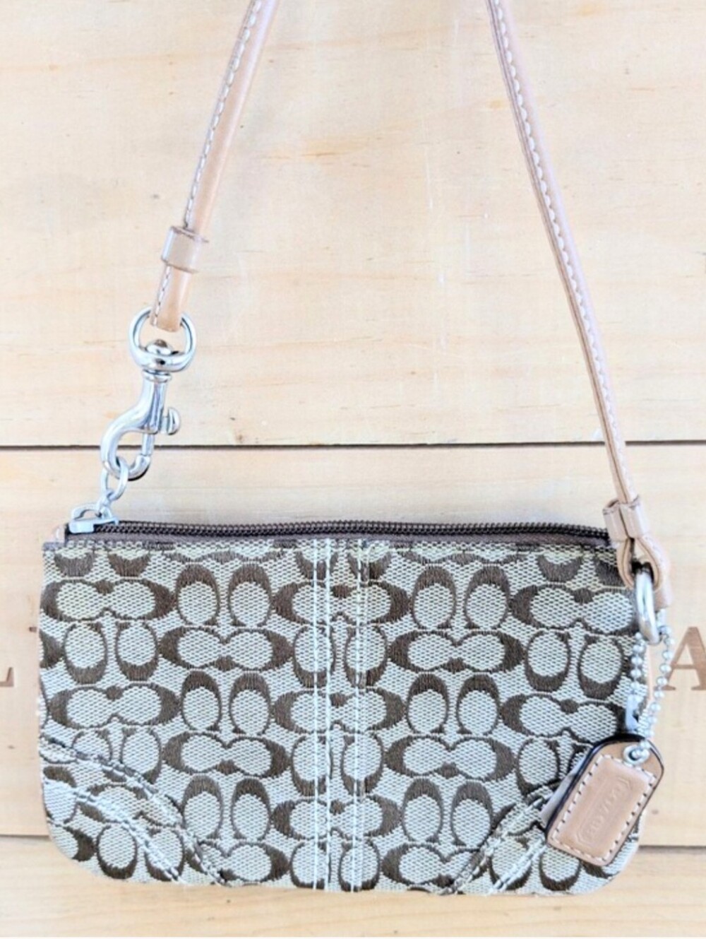 Coach Mini Wristlet in Khaki and Tan Signature Canvas